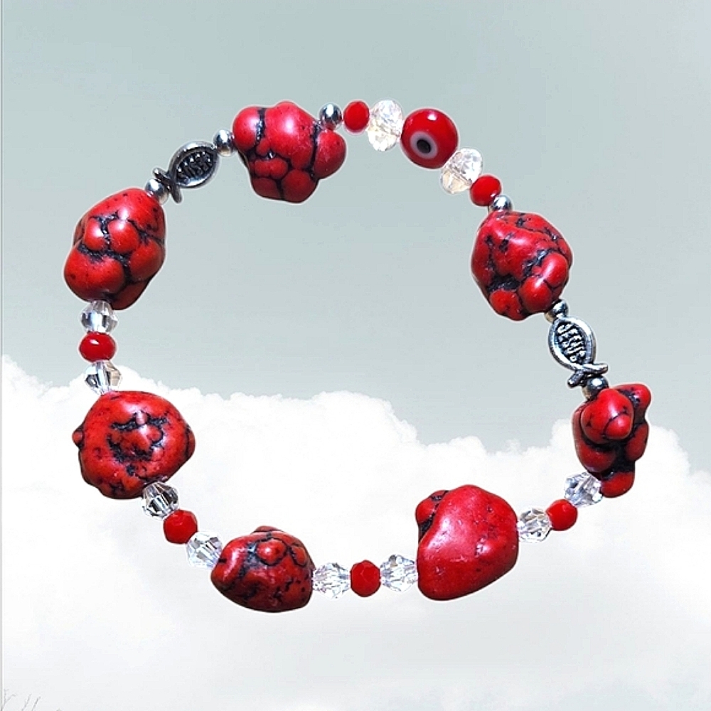 Red Howlite Nugget Silver Crystal Bead Bracelet Evil Eye Protection Bracelet